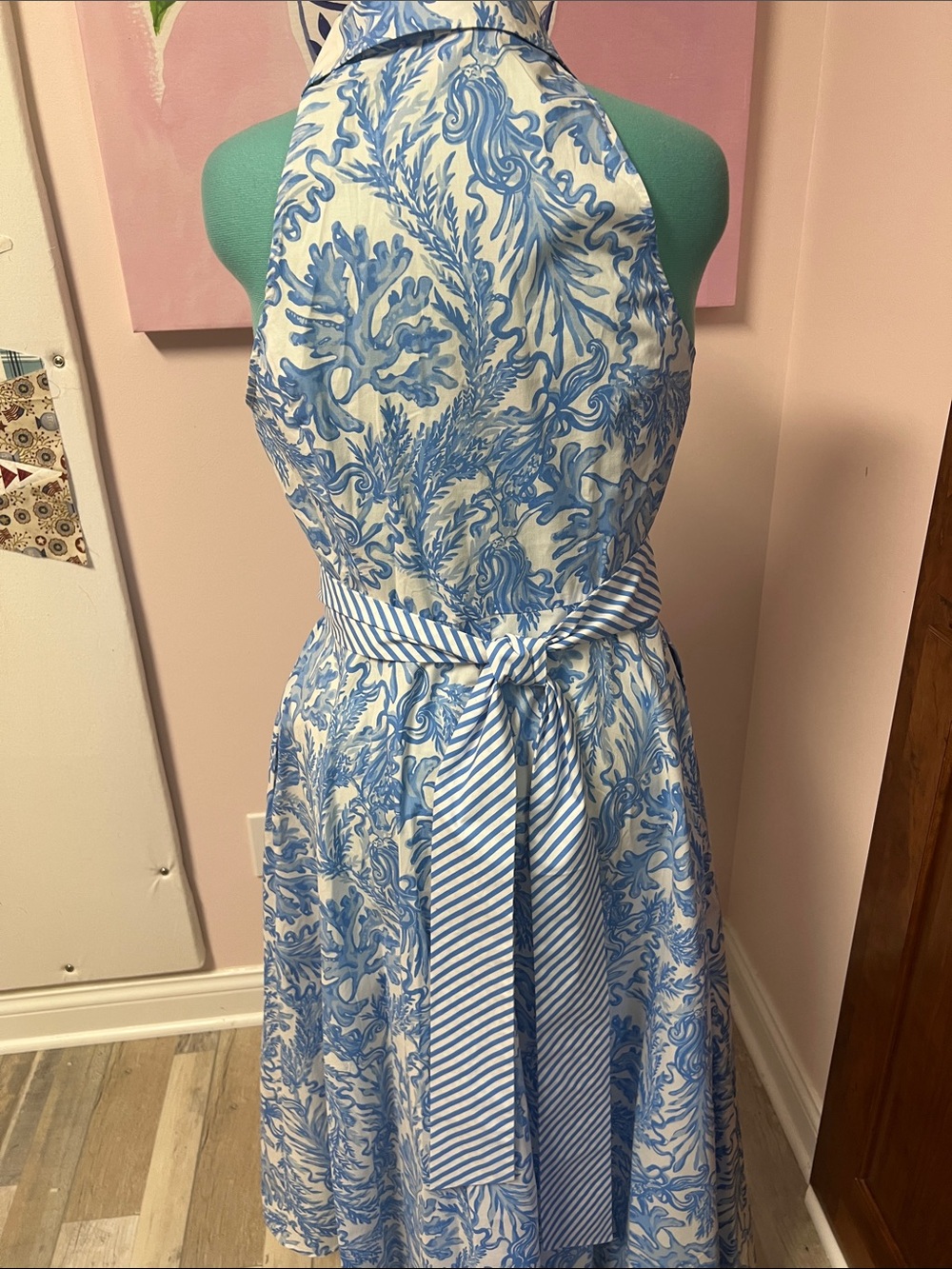 Lilly Pulitzer Blue and White Sleeveless Midi Dress with Striped Waist Tie - Picture 4 of 5